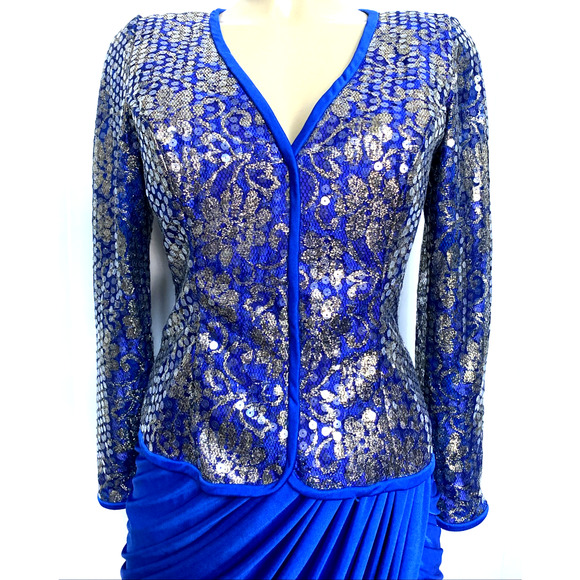 Vintage Tadashi Dress Blue Gold Sequin Long Sleeve V Neck Embellished Ru… - Picture 4 of 10